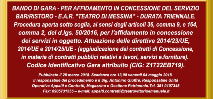 Bando di Gara affidamento in concessione del servizio Bar/Ristoro